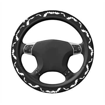 White Bats on Black Elastic Steering Wheel Cover