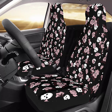 Skulls and Pink Roses on Black Car Seat Covers with Back Side Printed