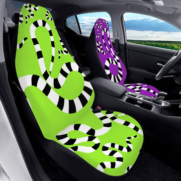 Black and White Sandworm on Mismatched Purple and Green Car Seat Covers