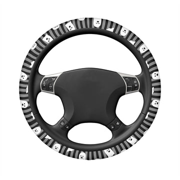 Cute Little Ghosts on Black and Grey Striped Elastic Steering Wheel Cover