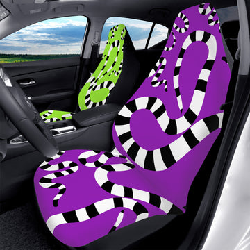 Black and White Sandworm on Mismatched Purple and Green Car Seat Covers